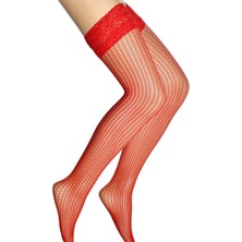 Teknoo Silikonlu Dore File Desenli Kadın Jartiyer Çorabı Kırmızı