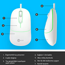 Lenovo Lecoo MS110 USB Kablolu RGB 2400DPI 4 Tuşlu Sessiz Click Optik Mouse Beyaz