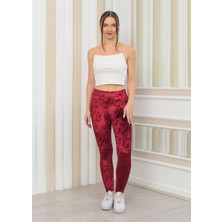 Nuseel Kadın Janjanlı Kadife Ligralı Tayt Bordo