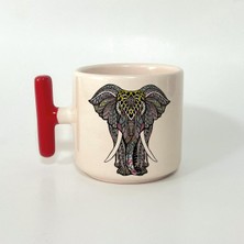 Mor Mürekkep Fil Tasarım Baskılı Kırmızı Kulplu T Kupa