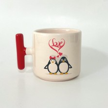 Mor Mürekkep Love Penguenler Baskılı Kırmızı Kulplu T Kupa
