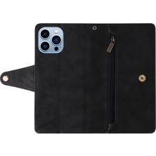 Iphone 14 Pro Max Rivet Dekoru Pu Deri Kapak Stand Stand Cüzdan Çok Kart Yuvası Strap-Black ile Fermuar Cep Telefonu Kasası (Yurt Dışından)