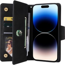 Iphone 14 Pro Max Rivet Dekoru Pu Deri Kapak Stand Stand Cüzdan Çok Kart Yuvası Strap-Black ile Fermuar Cep Telefonu Kasası (Yurt Dışından)