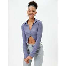 Koton Crop Bluz Asimetrik Kesim Dokulu Slim Fit Uzun Kollu Gömlek Yaka