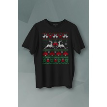 Kendim Seçtim Yılbaşı Hediye Geyik 2024 Christmas Happy New Year Baskılı Siyah T-Shirt  Tişört