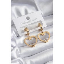 Callerrons Accessories  316L Çelik Gold Renk Kalp Model Zirkon Taş Detay Kadın Küpe