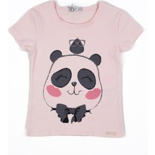 Adisia Kız Çocuk Pembe Panda ve Kuş Detaylı Yazlık Tişört
