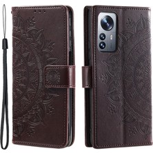 4U Sky Xiaomi 12 Pro 5g /12S Pro 5g /12 Pro (Boyut) 5g Baskılı Mandala Pot Deri Deri Deri Şok Geçirmez Kapak Standı Tpu Iç Kabuk Strap-Brown (Yurt Dışından)