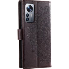 4U Sky Xiaomi 12 Pro 5g /12S Pro 5g /12 Pro (Boyut) 5g Baskılı Mandala Pot Deri Deri Deri Şok Geçirmez Kapak Standı Tpu Iç Kabuk Strap-Brown (Yurt Dışından)