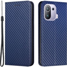 4U Sky Çok Yönlü Koruma Flip Manyetik Otomatik Emici Karbon Fiber Doku Standı Cüzdanı Pu Deri Kasa Kapak El Kayışı ile Xiaomi Mi Mi 11 Pro-Mavi (Yurt Dışından)