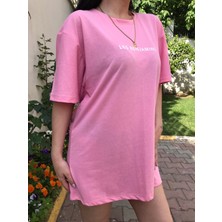 Gokili Butik Kadın Bisiklet Yaka Pembe Oversize Kadın Tişört