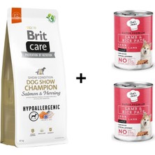 Brit Care Hypo-Allergenic Dog Show Champion Somon ve Ringa Balıklı Yetişkin Köpek Maması 12KG + 2 Adet Chefs Choice Kuzulu Pirinçli Ezme Yetişkin Köpek Konseve Maması 400 gr