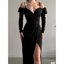 Trend Esinty Kadın Omuz Uzun Kol Kemer Dahil Yırtmaçlı Krep Abiye Elbise Renkli