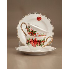 Bursa Porselen Dekor Red Bow Altın Yaldızlı Iki Kişilik Çay Fincan Takımı