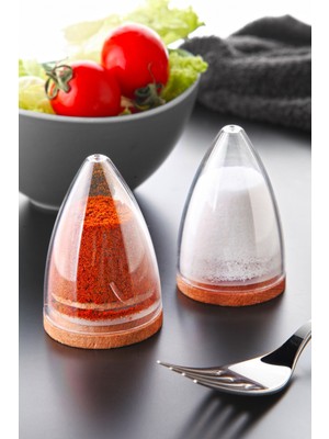 2 Li Lux Ahşap Altlıklı Piramit Modelli Tuzluk Biberlik Seti - Silikon Kapaklı Damla Baharatlık 80 ml