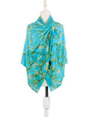 Bursa İpek Su Yeşil Badem Çiçeği Desen Kışlık Şal