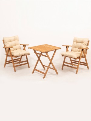 Meya Dekor Minderli Loretta Masa Sandalye Seti 2+1 Ahşap Bahçe Balkon Teras Katlanır Set 60X60 Masa