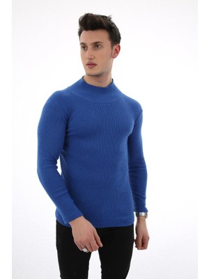 Twovol Likralı Boğazlı Saks Sweat