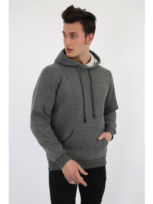Twovol 3 Iplik Şardonlu Kapşonlu Düz Antrasit Sweat