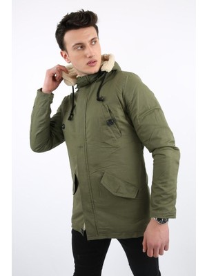 Kapşonlu Içi Kürklü Keten Yeşil Mont
