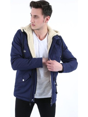 Kapşonlu Içi Kürklü Lacivert Mont