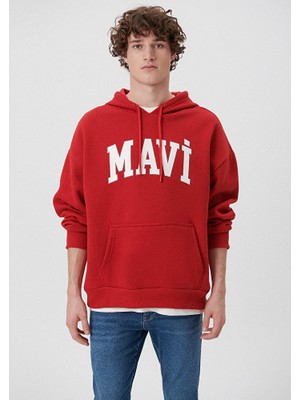 Mavi Logo Baskılı Kapüşonlu Kırmızı Sweatshirt