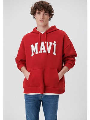 Mavi Logo Baskılı Kapüşonlu Kırmızı Sweatshirt