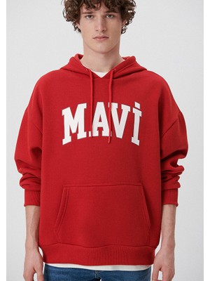 Mavi Logo Baskılı Kapüşonlu Kırmızı Sweatshirt