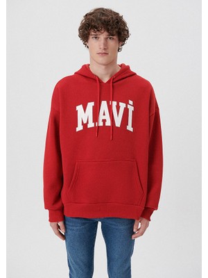 Mavi Logo Baskılı Kapüşonlu Kırmızı Sweatshirt