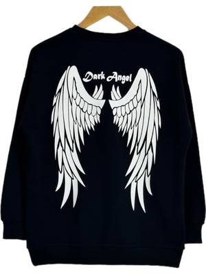 Yüksel Işık Dark Angel Sırtı Kanat Baskılı - Bisiklet Yaka - Oversize - 3 İplik - Şardonsuz - Siyah Renk  Sweatshırt