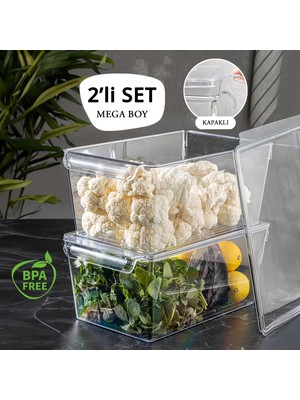 Meleni Home 2'Li Kapaklı Buzdolabı Düzenleyici Şeffaf 14 X 32,5 X 20 Cm Sağlığa Zararsız Malzeme