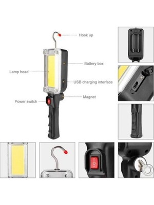 Gaman ZJ-8859 Şarjlı LED Fener Mıknatıslı Çalışma Lambası Sabitleme ve Hareketli Kanca Asılabilir Işıldak