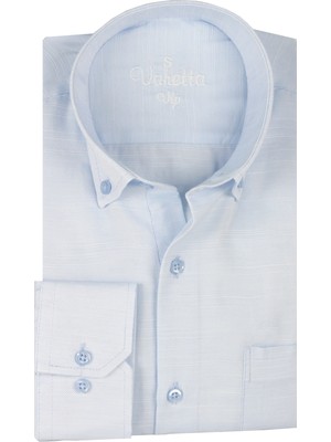 Varetta Erkek Sweet Mavi Düz Uzun Kollu Pamuklu Keten Efektli Cepli Yaka Düğmeli Gömlek