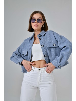 Saade Mavi Kaşe Oversize Cepli Crop Ceket