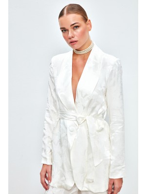 Sateen Desenli Uzun Ceket - Ekru