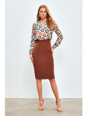 Sateen Düz Kalem Etek - Kahve