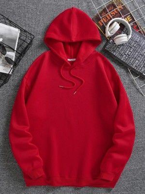 One Button Unisex Kırmızı Kanguru Cepli Kapüşonlu Sweatshirt Kırmızı Hoodie