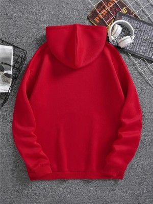 One Button Unisex Kırmızı Kanguru Cepli Kapüşonlu Sweatshirt Kırmızı Hoodie