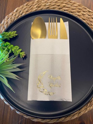 Kidspartim Gold Yaldızlı Hayırlı İftarlar Ay Desenli 12'li Beyaz Renkli Kağıt Cepli Peçete