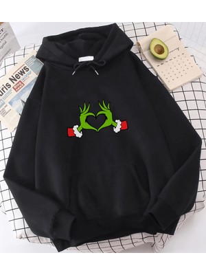 Populus Grinch Happy New Year Kalp Kapşonlu Sweatshirt