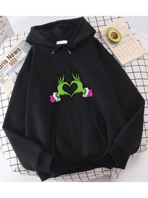 Populus Grinch Happy New Year Pembe Kalp Kapşonlu Sweatshirt