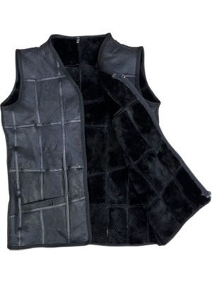 LN Leather Patchwork Içi Kürk Dışı Süet Deri Biye Detaylı Yelek