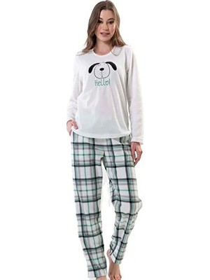 Vienetta Bayan Beyaz Yeşil Çizgili - Uzun Kollu Polar Pijama Takımı