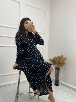 Ozm Giyim Kadın Krep Kumaş Uzun Kollu Tam Boy Puantiyeli Elbise 132 Cm