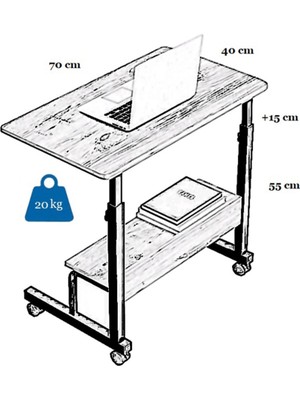 Sekizincicaddedizayn Yükseklik Ayarlı Raflı Laptop Sehpası ve Çalışma Masası - Atlantik Çam Beyaz (Tekerli) 70X40