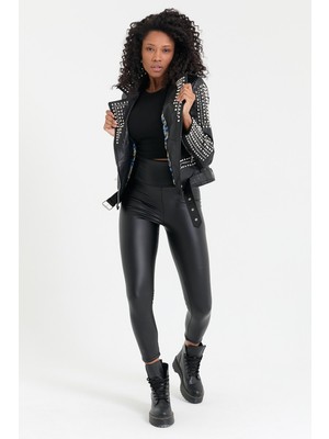 Nero Leather Fur Trok Detaylı Kadın Deri Ceket