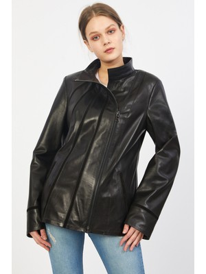 Nero Leather Fur Süet Biye Detaylı Kadın Deri Ceket