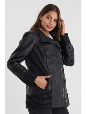 Nero Leather Fur Süet Garni Detaylı Çift Fermuarlı Kadın Deri Ceket