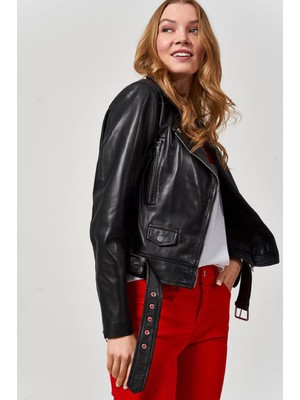 Nero Leather Fur Klasik Biker Kadın Deri Ceket