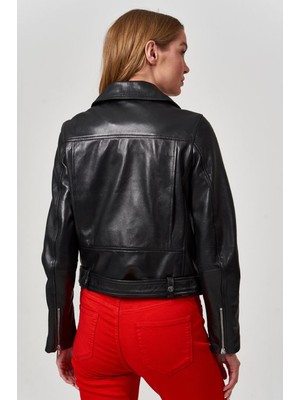 Nero Leather Fur Klasik Biker Kadın Deri Ceket